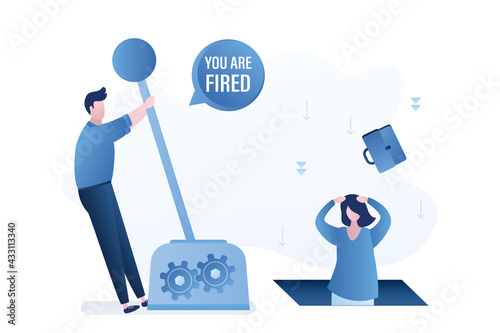 Boss pulls large lever of mechanism and fires female worker. Dismissed woman employee falls into pit. Staff reduction. Unemployment, bankruptcy.