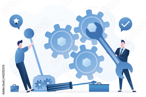 Technical support and repair. Business people with tools. Male worker moves lever. Client service, concept banner. Workers or support staff fix mechanism,