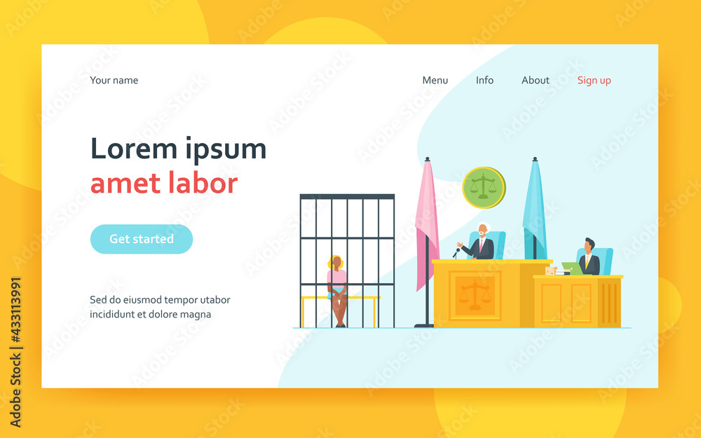 Judge reading verdict to accused in before court. Trial process, defendant in cage, assistant. Flat vector illustration. Courtroom, justice, law concept for banner, website design or landing web page