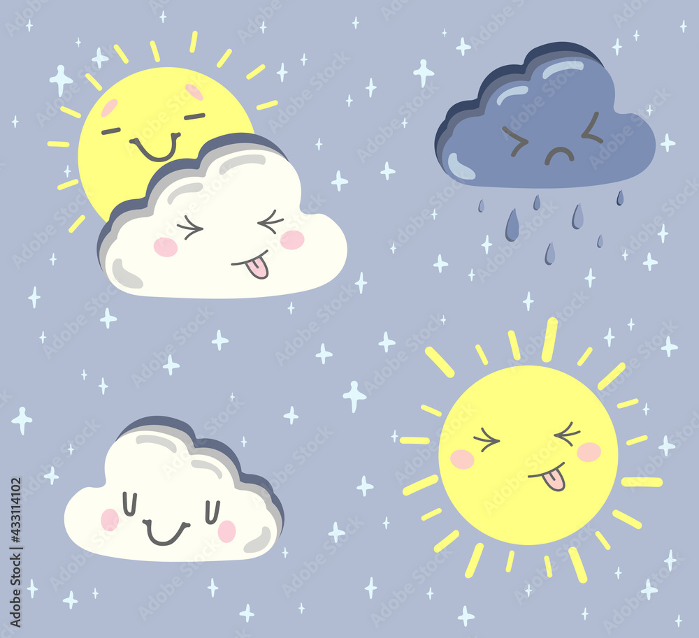 Cute Happy Cloud and Sun Set. Vector illustration in kawaii cartoon style.  Suitable for fabric, print, card, sticker and design products.