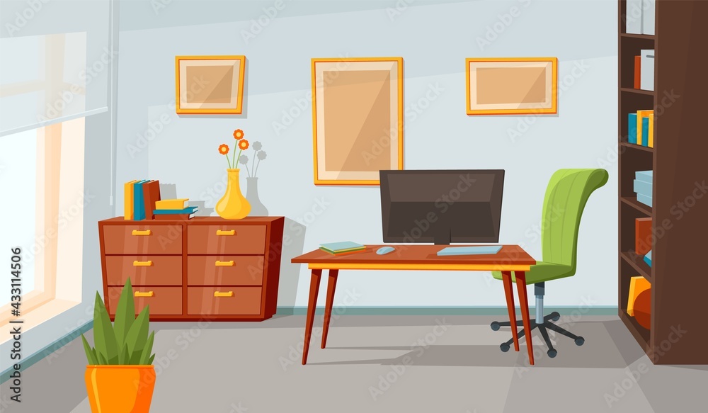 Home office interior. Room background, flat contemporary living area design. Modern cabinet, workplace furniture with laptop recent vector scene