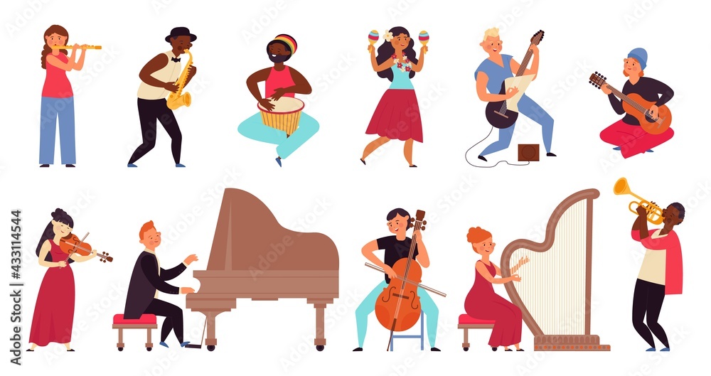 Musicians characters. Flat pop star, young people band. Cartoon guitarist, jazz concert and singer. Isolated music artist decent vector set