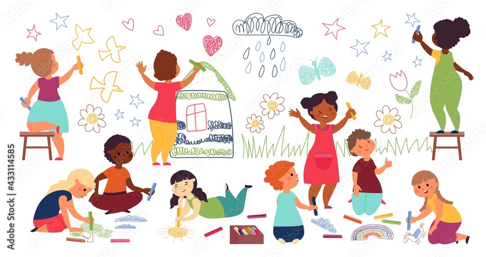 Children drawing with crayon. Kindergarten child, kids paint on wall and floor. Playing together, child art school decent vector characters Children drawing with crayon. Kindergarten child, kids paint on wall and floor. Playing together, child art school decent vector characters