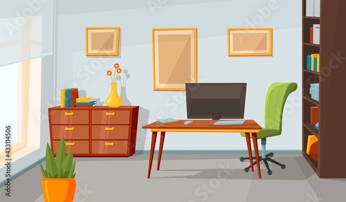 Home office interior. Room background, flat contemporary living area design. Modern cabinet, workplace furniture with laptop recent vector scene