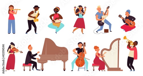 Musicians characters. Flat pop star, young people band. Cartoon guitarist, jazz concert and singer. Isolated music artist decent vector set © MicroOne