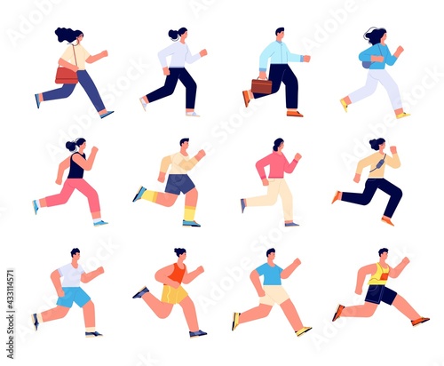 People running. Female run, race healthy group. Jogging person, employee and athlete characters. Sport exercise, competition utter vector set