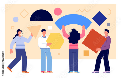 People collect shapes. Ideas together, geometric puzzle carry team. Business leadership metaphor. Abstract analytics chart utter vector concept