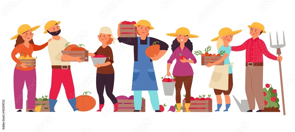 Cartoon farmers group. Farm family working, man woman agricultural workers. Garden community, agriculture harvesting decent vector concept Cartoon farmers group. Farm family working, man woman agricultural workers. Garden community, agriculture harvesting decent vector concept