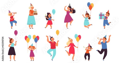 Kids birthday characters. Fun children, holiday cake and cartoon funny people. Isolated celebrating party with friends decent vector persons set