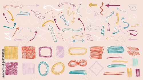Colorful doodle arrows. Colored arrow, sketch ink textures design. Grunge pencil elements, bending twist marks. Decorative scribble vector collection