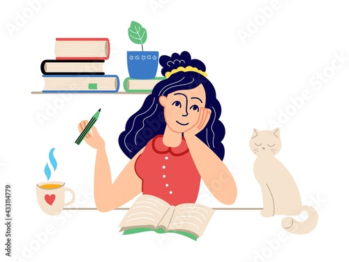 Girl writes diary. Student home study, dreaming female character. Young woman sit at desk and drawing or writing in notebook. Cat and books vector concept