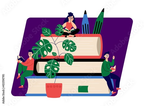 People reading books. Students on book pile, library or education concept. Bookstore illustration, dreaming girl and clever boys vector characters
