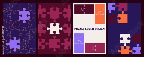 Puzzle covers. Business posters template, pieces puzzles complete. Cooperation or collaboration metaphor, teamwork vector background