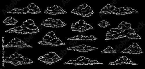 White sketch clouds. Hand drawn cloud, sky cloudscape. Outline sketching narture vintage vector collection
