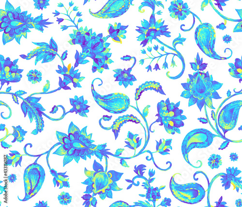 Watercolor hand painted paisley seamless pattern. Whimsical flowers, leaves, brunches, paisley. Oriental illustration. Islam, arabic, indian, spain, turkish, pakistan, ottoman motif. Water color print