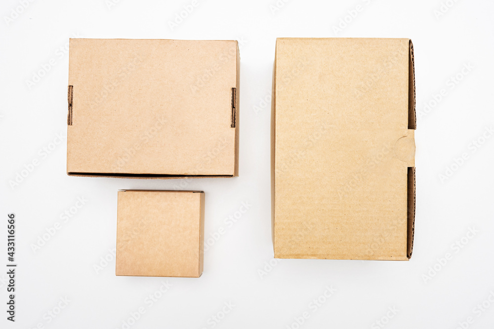 Set cardboard boxes, white background, top view