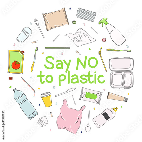 Say no to plastic circle poster. Concept of prevention of plastic pollution. Eco-friendly sustainable lifestyle. Hand drawn vector illustration.