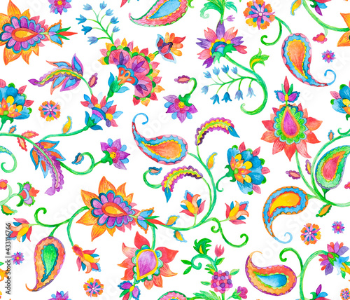 Watercolor hand painted paisley seamless pattern. Whimsical flowers  leaves  brunches  paisley. Oriental illustration. Islam  arabic  indian  spain  turkish  pakistan  ottoman motif. Water color print