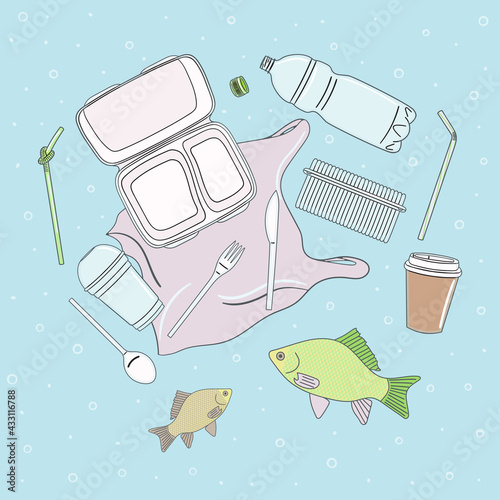 Poster of single-use plastics float in the water with fish. Prevention of water pollution banner. Microplastic concept. Hand drawn vector illustration.