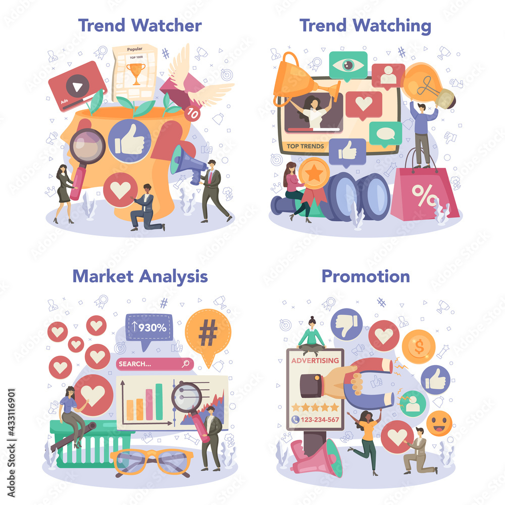 Trend watcher concept set. Specialist in tracking the emergence Trend watcher concept set. Specialist in tracking the emergence