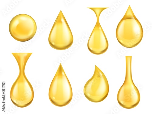 Oil drops realistic. Honey drop falling, gasoline yellow golden droplet collection. Gold capsule of liquid vitamin, dripping machine oil or lotion. Vector set isolated on white background