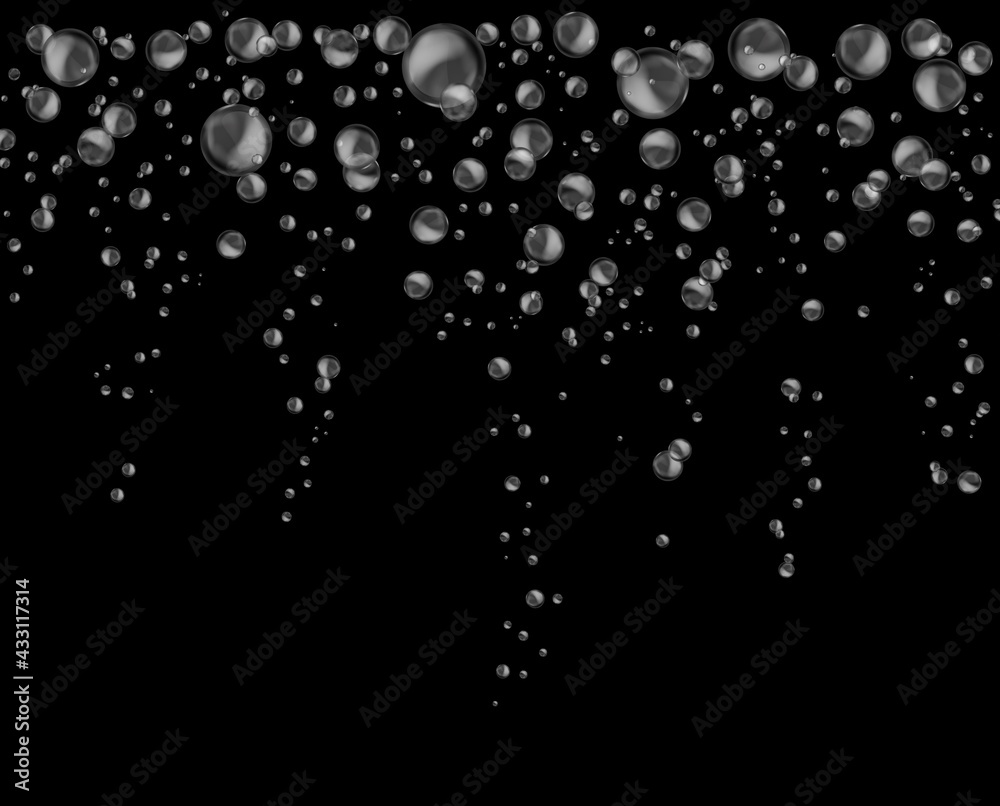 Water bubbles at surface. Realistic falling air circles. Soda bubble flow. Fizzy underwater texture, bubbling champagne air sparkles backdrop, soap foam spheres. Vector illustration - obrazy, fototapety, plakaty 