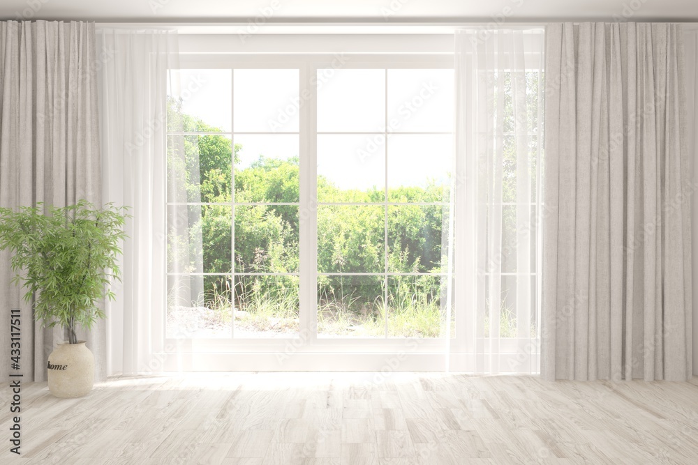 White empty room with summer landscape in window. Scandinavian interior design. 3D illustration White empty room with summer landscape in window. Scandinavian interior design. 3D illustration