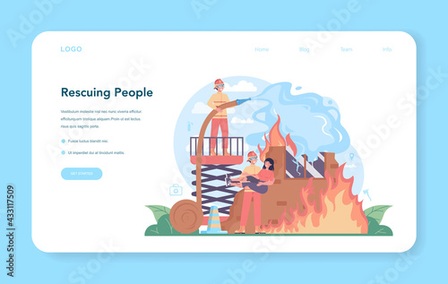Fireman web banner or landing page. Professional fire brigade firhting