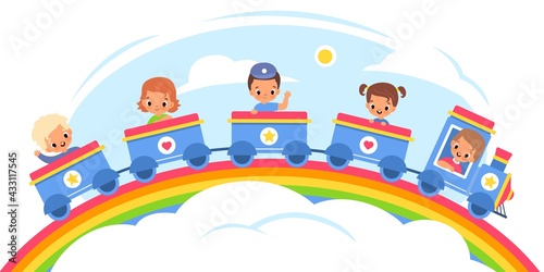 Kids steam train. Happy children carriages ride on rainbow in sky, little passengers in blue locomotive and wagons, cute boys and girls travel in baby trailers. Vector concept