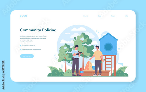 Police officer web banner or landing page. Policeman patrol the city