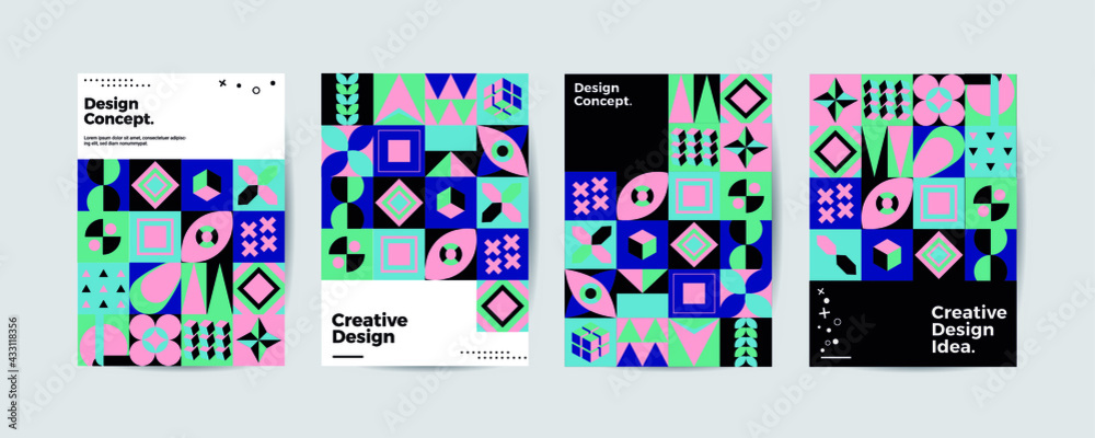 Colored neo geometric poster set. Modern grid flyer with geometric shapes, geometry graphics and abstract background vector set. Company identity brochure template collection. Neo memphis. Vector