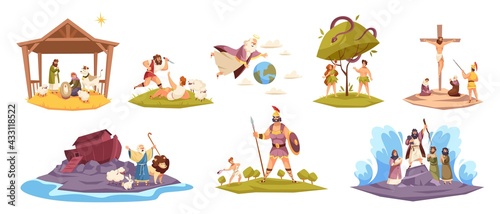 Bible characters. Ancient sacred cult book characters, holy book key scenes, Christ birth in manger, virgin Mary, world flood, Adam and Eve in garden of paradise, Cain and Abel vector set