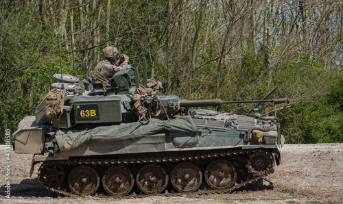 british army FV107 Scimitar armoured tracked military reconnaissance vehicle on maneuvers Salisbury Plain military training area