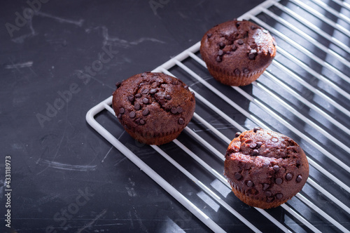 Several chocolate muffins on a baking sheet. Bakery muffins. Daylight from the window.