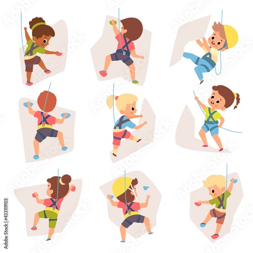 Kids climbing. Happy equipped children crawling up wall with colored ledges, young rock climbers engaged extreme mountaineering. Boys and girls hanging on playground vector cartoon set © YummyBuum