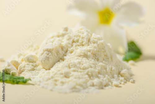 Dried Royal jelly powder on light background.