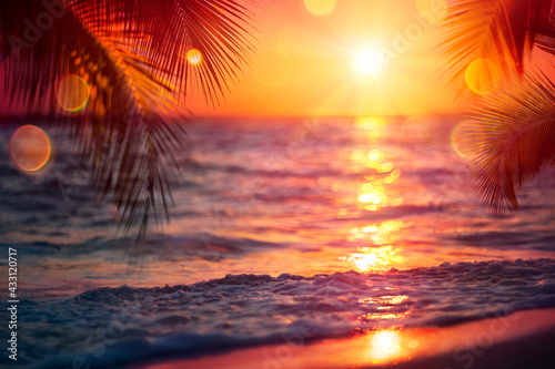 Blurred Sunset On Sea With Palm Leaves - Abstract Defocused Summer Vacation Background