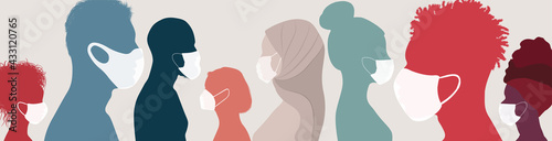 Silhouette profile group of men and women of diverse culture. Diversity multi-ethnic and multiracial people. Concept of racial equality and anti-racism. Multicultural society. Friendship