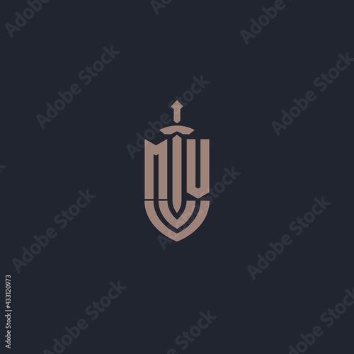 MV logo monogram with sword and shield style design template