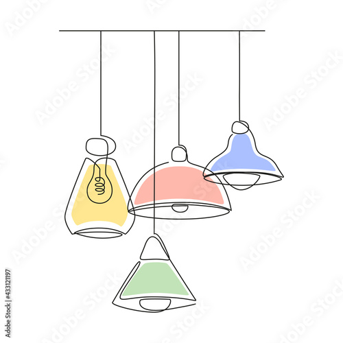 Set of loft lamps and iron lampshades in one line drawing. Vector illustration of Hanging vintage chandelier and pendant lamps with Edison bulbs