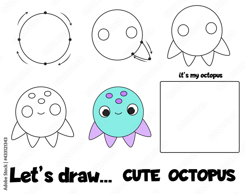 Drawing tutorial for children. Printable creative activity for kids. How to draw step by step octopus