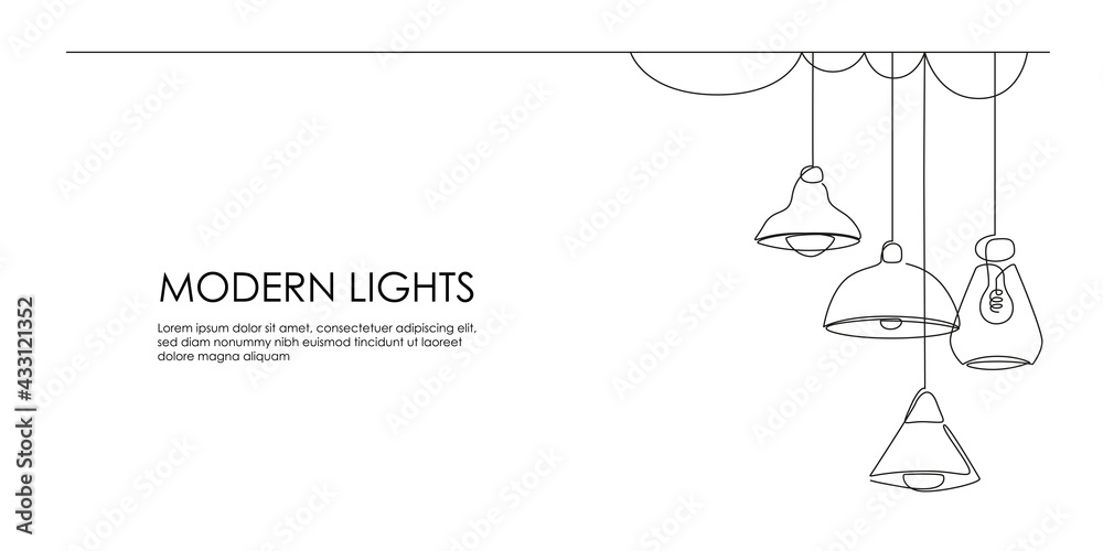 Set of loft lamps and iron lampshades in one line drawing. Horizontal banner in minimalistic Industrial style. Vector illustration of Hanging vintage chandelier and pendant lamps with Edison bulbs Set of loft lamps and iron lampshades in one line drawing. Horizontal banner in minimalistic Industrial style. Vector illustration of Hanging vintage chandelier and pendant lamps with Edison bulbs