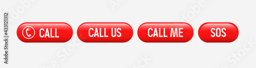 Call buttons set. Call us, call me,  SOS. Red vector buttons isolated on white background.