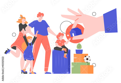 The family is moving to a new home. Mom, dad, son and daughter happy together. Buying real estate, home owner. Vector flat illustration.