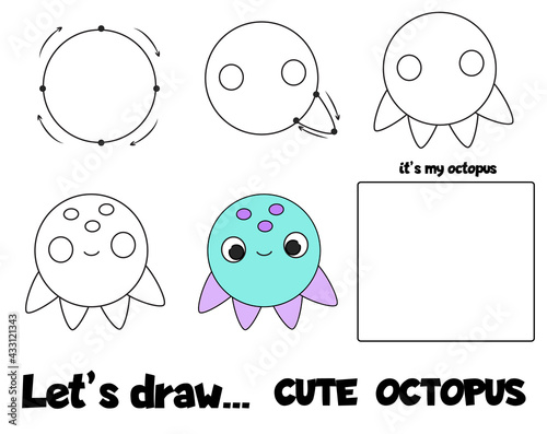 Drawing tutorial for children. Printable creative activity for kids. How to draw step by step octopus
