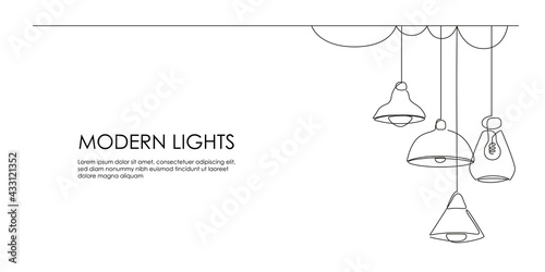 Set of loft lamps and iron lampshades in one line drawing. Horizontal banner in minimalistic Industrial style. Vector illustration of Hanging vintage chandelier and pendant lamps with Edison bulbs