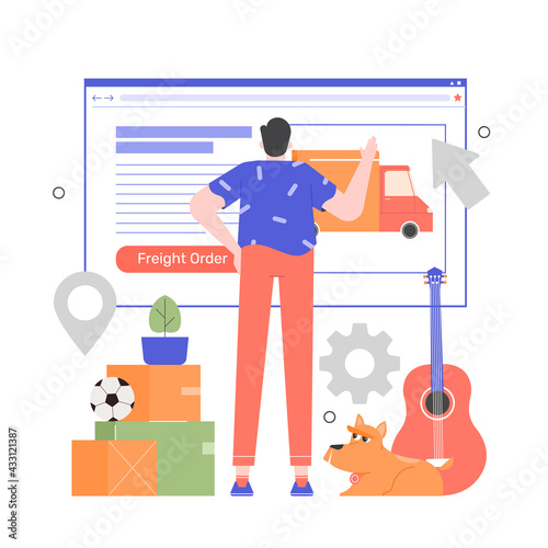 Man orders a service for the transportation of things. Male character, dog and cardboard boxes. Moving to a new house, apartment. Vector flat illustration.