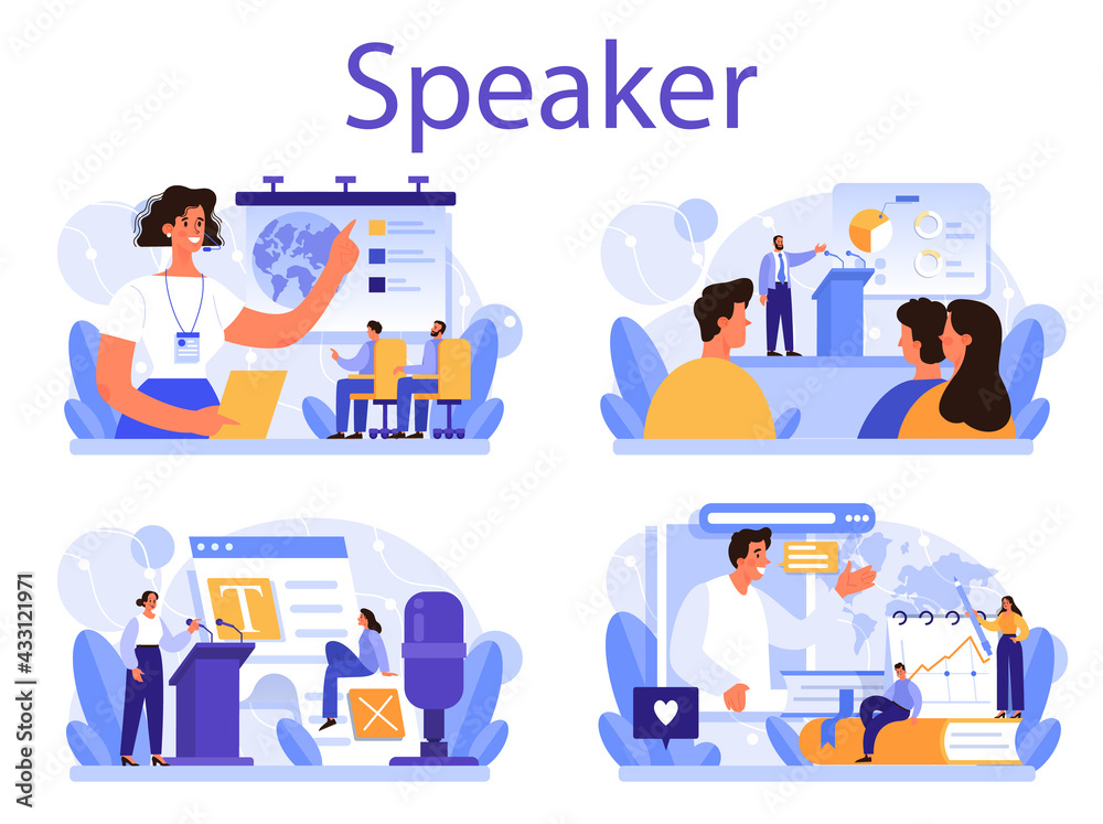 Professional speaker concept set. Rhetoric or elocution specialist Professional speaker concept set. Rhetoric or elocution specialist