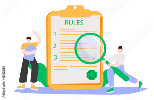 Business people studying list of rules, reading guidance, making checklist. Vector illustration for company order, restrictions, law, regulations concept