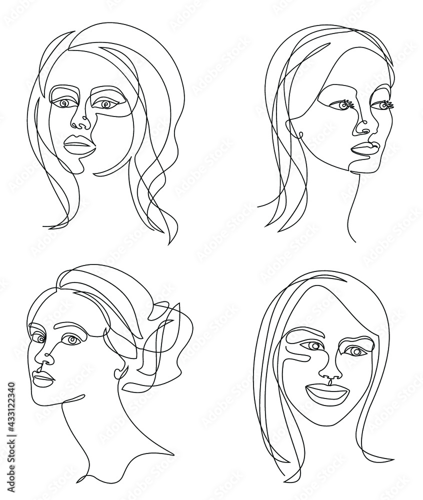 Collection. Silhouettes of the girl's head. Woman face in modern one line style. Solid line, aesthetic outline for decor, posters, stickers, logo. Vector illustration set. Collection. Silhouettes of the girl's head. Woman face in modern one line style. Solid line, aesthetic outline for decor, posters, stickers, logo. Vector illustration set.